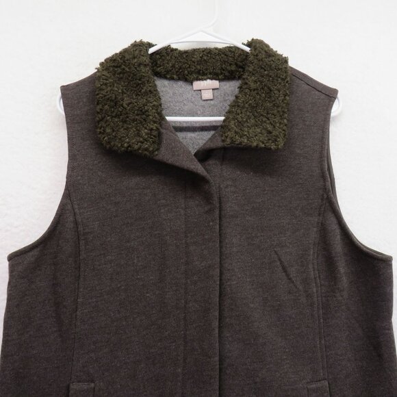 J  Jill Vest Womens Size Large Brown Sweater Faux Fur Collar Hidden Snap Front - Picture 2 of 8